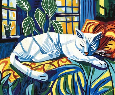 Valkoinen kissa nukkuu auringonvalossa Matisse | seinäkoriste, taide tulosteita tekijältä F. Abderrahim