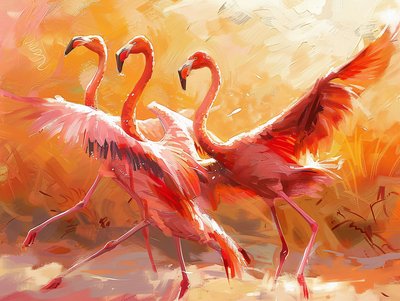 Abstrakti maalaus flamingot tanssivat, kankaalle tulosteita  seinän huoneen sisustus tekijältä F. Abderrahim