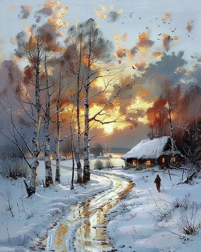 Auringonlasku luonnonnäkymässä puisen mökin vieressä lumisena päivänä tekijältä F. Abderrahim