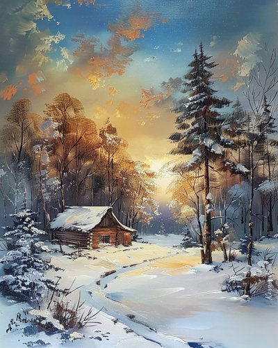 Mökki keskellä metsää ja lunta, talvimaisema seinäkoristeena tekijältä F. Abderrahim
