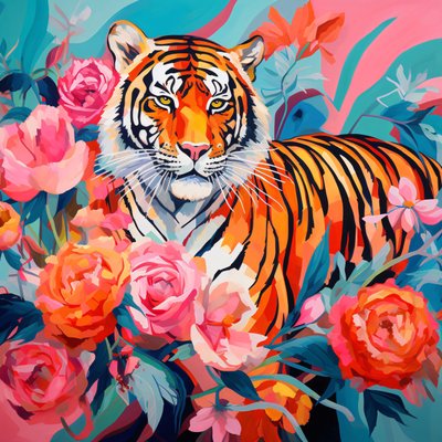 Abstrakti maalaus Peony Rose  tiikeri, elävä väri, seinän sisustus ideoita tekijältä F. Abderrahim