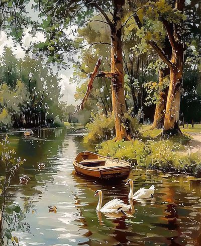Hanhet uida virtaavassa vedessä puiden välissä, Canvas  kehystetty seinäkoristeita tekijältä F. Abderrahim