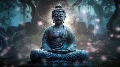 Buddha istuu rauhallisessa meditaatiossa, henkinen buddhalainen kankaalle, kehystetty seinätaide tulostaa tekijältä F. Abderrahim