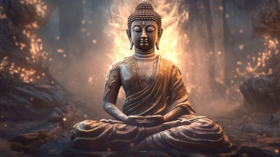Realistinen Buddha muotokuva istuu, rauhallinen meditaatio, henkinen seinä kodin sisustus tekijältä F. Abderrahim