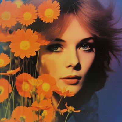 vintage naisen muotokuva  kukkia, Retro Floral Vision, online taidetulosteita tekijältä F. Abderrahim