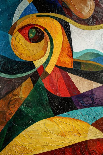 Abstrakti värikäs lasimaalaus kuvio, Picasso inspiraatio, seinäkoriste makuuhuoneeseen tekijältä F. Abderrahim