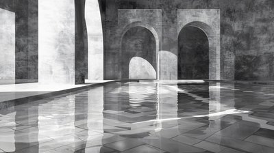 Arches  gates in a marble palace, arkkitehtuuri, Mustavalkoinen, seinäkoriste tulosteita tekijältä F. Abderrahim