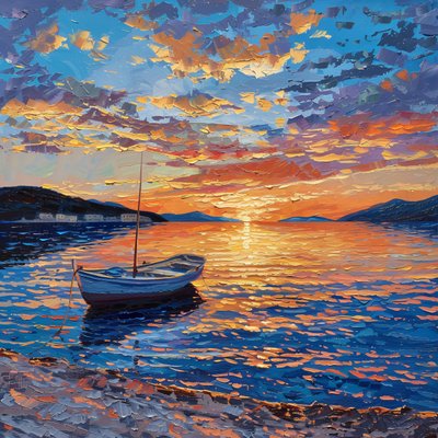 Vene joella auringonlaskun aikaan Kaunis, Dalmatia, Kroatia Öljy kankaalle, seinäkoriste myytävänä tekijältä F. Abderrahim