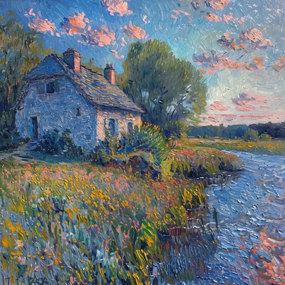 Maisema  vesi maalaus, Monet Impressionismi tyyli, Seinä Koriste myytävänä tekijältä F. Abderrahim