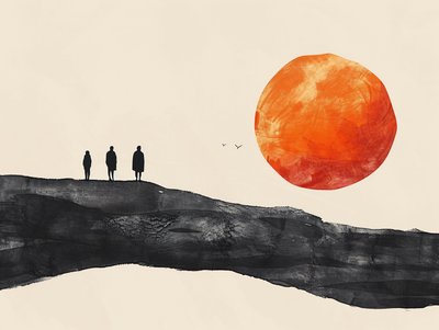 Minimalistinen yhden rivin luonnos Desert Sun Procession, seinäkoriste makuuhuoneeseen tekijältä F. Abderrahim