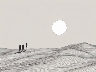 Minimalistinen luonnos, miehet kävelevät autiomaassa auringon kulkue, online taidetulosteita tekijältä F. Abderrahim