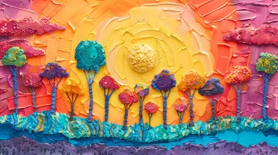 Plasticine panoraama Arboreal kohtaus kirkkaita värejä, online taide tulostaa tekijältä F. Abderrahim