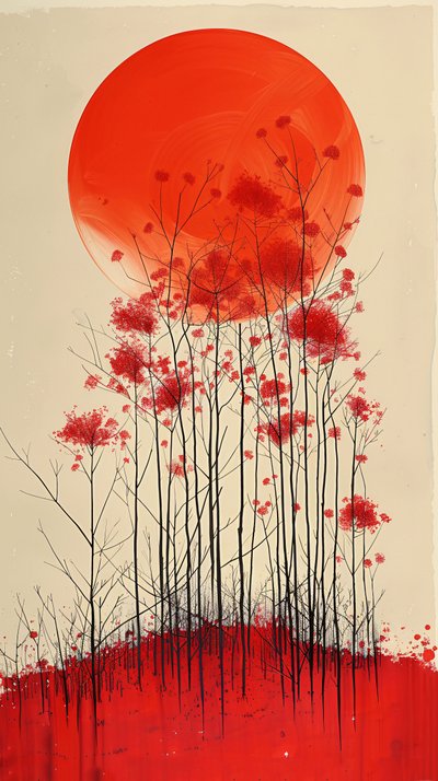 Auringonlasku kukkulalla punaisia kukkia maalaus, pystysuora seinä Decor myytävänä tekijältä F. Abderrahim