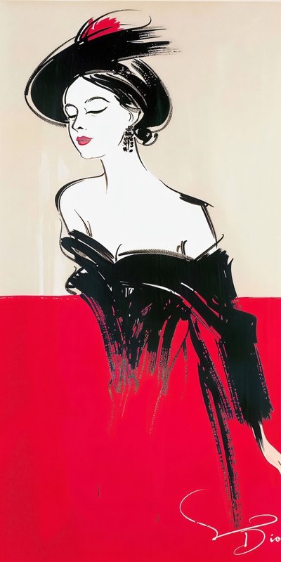 Nainen poseeraa meikattuna, punainen ja musta mekko, René Gruau inspiraatio, 60-luvun muoti tekijältä F. Abderrahim