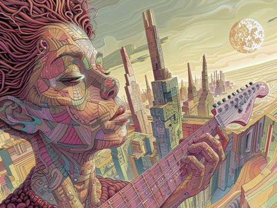 Nuori mies soittaa musiikkia surrealistinen futuristinen kohtaus, kehys seinäkoriste tulosteita tekijältä F. Abderrahim