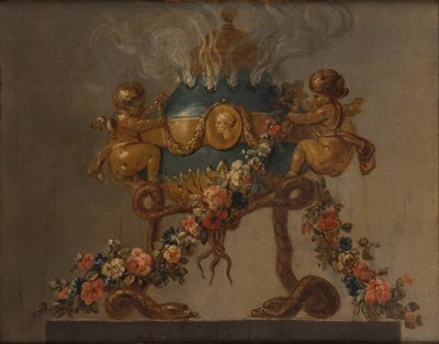 Amorinilla ja käärmeillä tuettu hajustepoltin ja kukkaseppele, 1700-luku. tekijältä 18th century . French Painter
