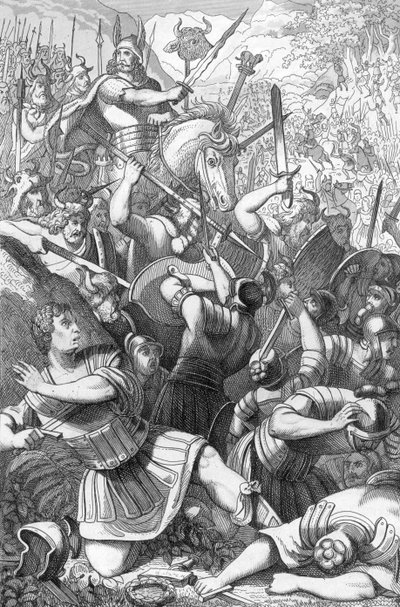 Keruskien päällikkö Arminius (18 eKr.-21 jKr.) Teutoburgin taistelussa (Teutoburger Wald tai Teutberg) vastustamassa roomalaisia saksalaisia vastaan vuonna 9 jKr (Kerskilaiset Arminiusin (Hermann) johdolla voittivat 17.–19. roomalaiset legioonat Varuksen j tekijältä 19th Century Polish School
