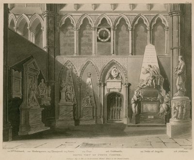 Etelänäkymä Poets Cornerista, Westminster Abbeysta, Lontoosta tekijältä A.C. and Villiers, H. Pugin