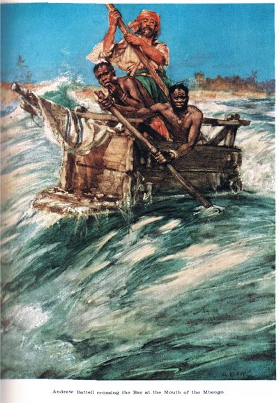 Battell saapuu Mbengon suulle, kuva Jackin vuonna 1921 julkaisemasta The Land of the Golden Trade -kirjasta. tekijältä A.D. McClintock