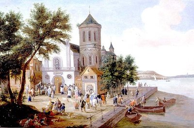 Rannikkomaisema hahmoineen kirkkoaukiolla tekijältä A.F. and Bouts P. Boudewyns