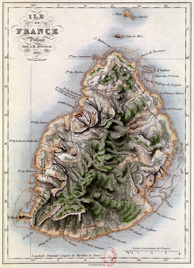 Mauritiuksen kartta, piirros Henri Bernardin de Saint-Pierren (1737-1814) teoksesta "Paul et Virginie", Dyonnet