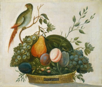 Hedelmäkori papukaijan kanssa, 1777. tekijältä A.M. Randall