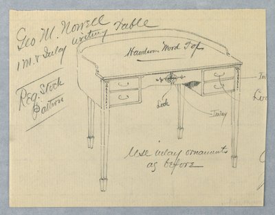 Design for Mahogany Inlay Writing Table for George M. Nowell   1302604   fi       finnish Successfully Translated  Original: Suhara, from the series Sixty-Nine Stations of the Kisokaido Translat: Suhara, from the series Sixty-Nine Stations of the Kisokaido tekijältä A.N. Davenport Co.