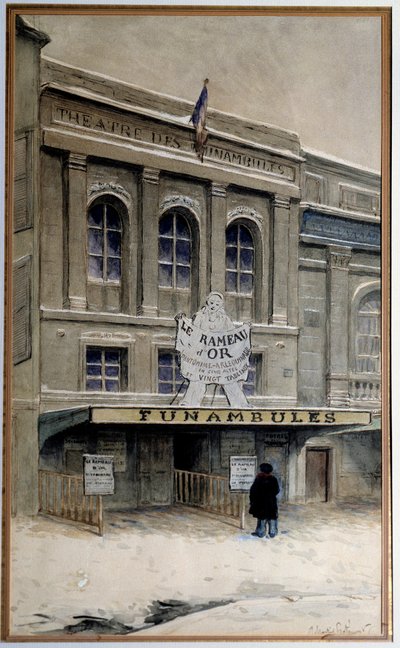 Näkymä Theater des Funambulesista Boulevard du Crime -kadulla (boulevard du Temple Pariisissa). Adolphen (1828-1883) akvarelli Pariisi. Carnavalet-museo tekijältä A.P. Martial