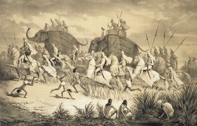 Cavalcade of Sikh Chieftains on Elephants, "Voyage in India", kaivertanut Louis Henri de Rudder (1807-81) pubi. Lontoossa tekijältä A. (after) Soltykoff