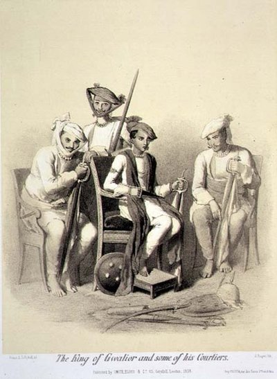 Gwaliorin kuningas ja jotkut hänen hovimiehistä, teoksesta "Voyage in India", kaiverrettu Jules Trayerin (1824-1901) pubi. Lontoossa tekijältä A. (after) Soltykoff