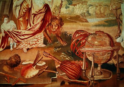 Eurooppa, kuvakudos maailman neljästä kulmasta, yksityiskohta soittimista oikeassa alakulmassa, 1700-luvun alku tekijältä A. Baertams