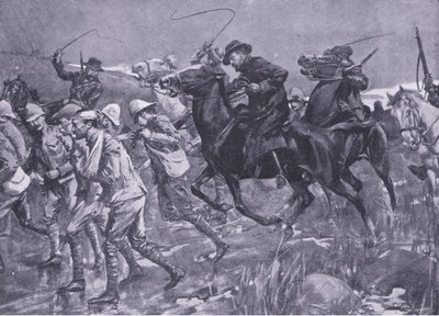 De Wetsin kohtelu brittiläisten sotavankien marssilla, kuvitus teoksesta Pretorian jälkeen: sissisota, 1902. tekijältä A. C. Ball