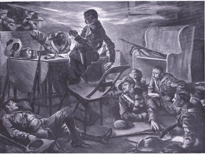 Kahden Comptonsin hevosen miehen tappaminen heidän kirjoittaessaan kirjeitä kotiin, kuvitus teoksesta Pretorian jälkeen: sissisota, 1902. tekijältä A. C. Ball