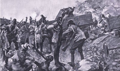 Junan romuttaminen Taaiboschin lähellä, teoksesta After Pretoria: The Guerilla War, jonka on julkaissut Harmsworth Bros Limited, 1901. tekijältä A. C. Ball