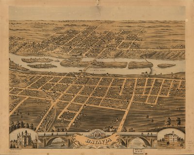 Batavia, Kane County, Illinois, lintuperspektiivistä, 1869. LOC 73693342 tekijältä A.; Chicago Lithographing Co. Ruger