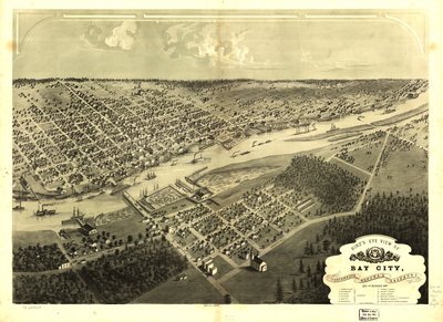 Bay Cityn, Portsmouthin, Wenonan ja Salzburgin, Bay Co., Michigan 1867, lintuperspektiivistä. LOC 73693424 tekijältä A.; Chicago Lithographing Co. Ruger