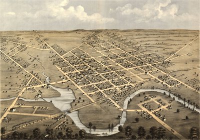 Columbus, Columbia Co., Wisconsin 1868 lintuperspektiivistä. LOC 73694538 tekijältä A.; Chicago Lithographing Co. Ruger