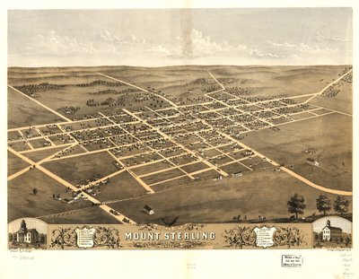 Mount Sterlingin lintuperspektiivi, Brownin piirikunta, Illinois 1869. LOC 73693365 tekijältä A.; Chicago Lithographing Co. Ruger