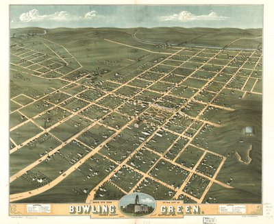 Bowling Greenin kaupungin lintuperspektiivistä, Warrenin piirikunta, Kentucky 1871. LOC 73693412 tekijältä A.; Chicago Lithographing Co. Ruger