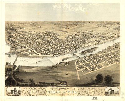Cedar Rapidsin kaupungin ja Kingstonin (Linn Co., Iowa 1868) näkymä lintuperspektiivistä. LOC 73693391 tekijältä A.; Chicago Lithographing Co. Ruger