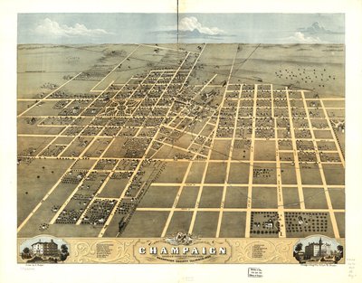Champaignin kaupunki lintuperspektiivistä, Champaign County, Illinois 1869. LOC 73693348 tekijältä A.; Chicago Lithographing Co. Ruger