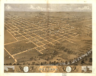 Decaturin kaupunki lintuperspektiivistä, Macon Co., Illinois 1869. LOC 73693354 tekijältä A.; Chicago Lithographing Co. Ruger