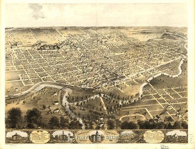 Fort Waynen kaupunki lintuperspektiivistä, Indiana 1868. LOC 73693381 tekijältä A.; Chicago Lithographing Co. Ruger