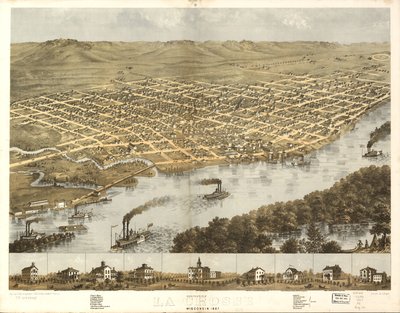 La Crossen kaupungin lintuperspektiivistä, Wisconsin 1867. LOC 73694545 tekijältä A.; Chicago Lithographing Co. Ruger