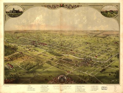Lansingin kaupungin lintuperspektiivistä, Michigan 1866. LOC 73693436 tekijältä A.; Chicago Lithographing Co. Ruger