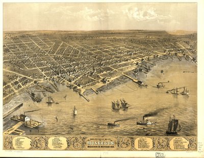 Lintuperspektiivistä Muskegonin kaupunki, Muskegon Co., Michigan 1868. tekijältä A.; Chicago Lithographing Co. Ruger