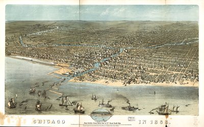 Chicago vuonna 1868 Schiller Streetin pohjoispuolelta 12th Streetin eteläpuolelle. LOC 73693350 tekijältä A.; Chicago Lithographing Co. Ruger