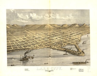 Lake City, Wabasha Co., Minnesota 1867. LOC 73693454 tekijältä A.; Chicago Lithographing Co. Ruger