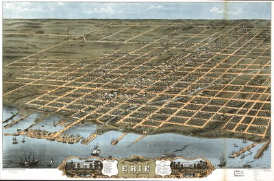 Lintuperspektiivistä Erien kaupunkiin, Erien piirikunnassa, Pennsylvaniassa 1870. tekijältä A. Chicago Lithographing Co. Ruger and Stoner Ruger
