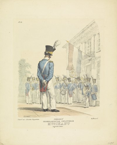 Muusikko täydessä univormussa Täyspukuinen muusikko, 1820-1825 Nederlandsche Infanterie Musikant upeassa univormussa (nimi esineessä) Alankomaiden kuningaskunnan sotilasasut. Omistettu Hänen korkeutensa Willem van Bylandtille (sarjan nimi obj tekijältä A. Courtois